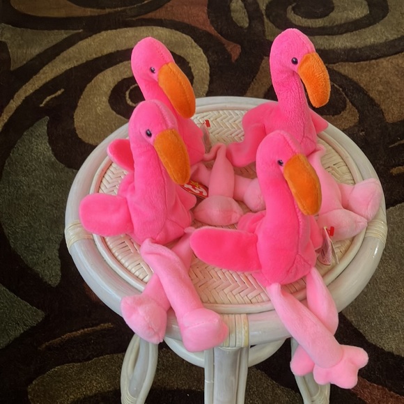 95' TY ORIGINAL BEANIE BABY PINKY THE FLAMINGO  set of 4 - 3 with pvc  pellets - Picture 3 of 16